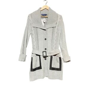 Susan Graver Style Gray Cable Knit Belted Cardigan Sweater A91307 Womens L NWOT